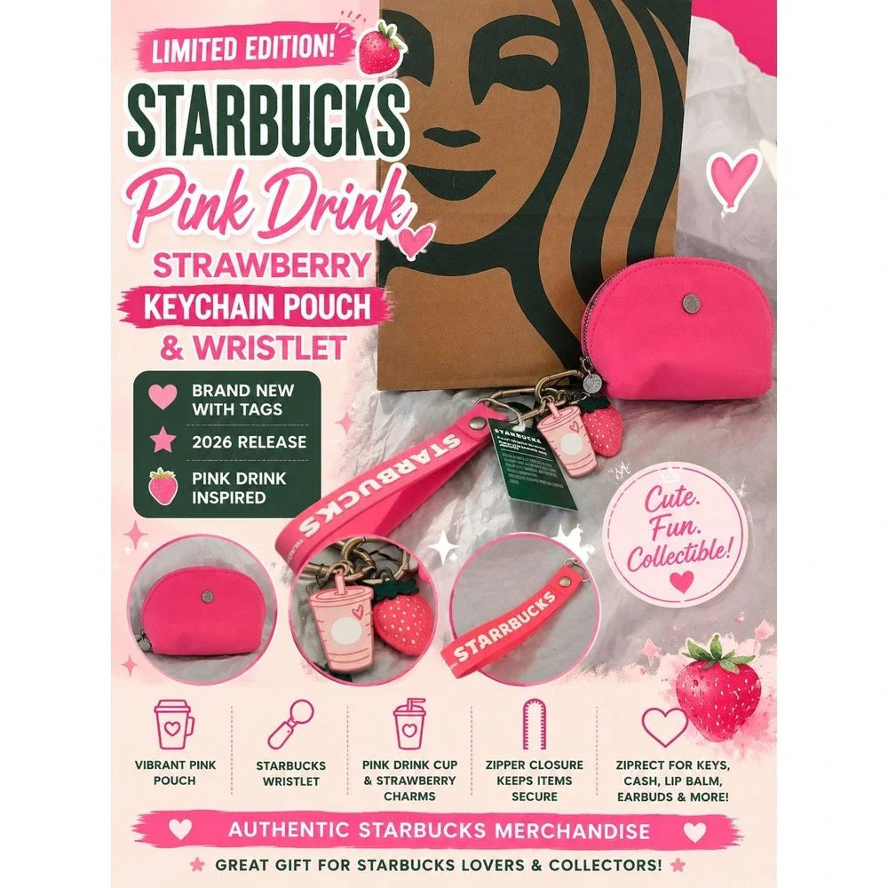 Starbucks 2026 Pink Drink Strawberry Keychain Pouch Wristlet NWT Limited Edition
